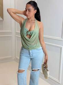Milla Jasmine 全新性感半透明低胸金属装饰露背吊带背心 - 綠色 - 查看 3