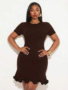 SHEIN SXY Plus Size Solid Color Minimalist Daily Wear Round Neck Short Sleeve Dress - Brown - View 8