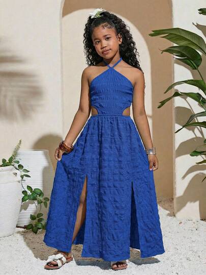 SHEIN Vestido maxi de playa con espalda descubierta, cintura calada y abertura alta para niñas preadolescentes