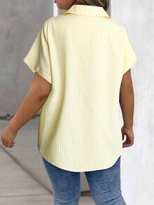 EMERY ROSE Women's Woven Plain Fabric Shirt Collar Straight Short Sleeve Shirt With Full Button Decoration, Casual Daily Wear - Yellow - View 2