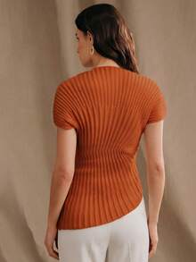 Anewsta Asymmetric Hem Fitted Knit Top, Versatile Commuter Chic Minimalist Style, Spring/Summer - Orange - View 7