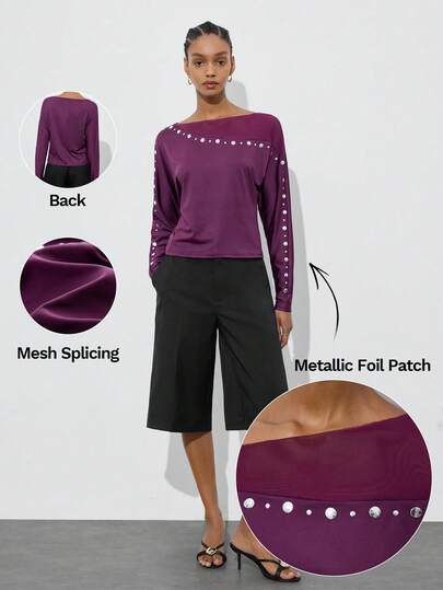 Maija Women's Fashionable Commuter Mesh Patchwork Metal Decor T-Shirt St Patrick's Day Women Easter Summer Party Top Holidays Each Vacation Going Out Graduation Casual Tee, Summer Tops, Summer Outfits, Summer Outfit For Women, Spring Clothing, Party Top, Beach Outfits For Women , Beach Outfit , Graduation Outfit For Mother, Vacation, Summer Holiday Outfits, Modern Urban Style, Women's Heat-Pressed Top, Magenta Color, Long-Sleeved Batwing Sleeves Dark Purple Top Women's Long Sleeve Top