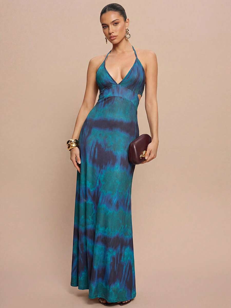 Đầm hở lưng cổ yếm in họa tiết nhuộm tie-dye thanh lịch dành cho nữ, thích hợp cho kỳ nghỉ. - Màu xanh lam - Xem 1