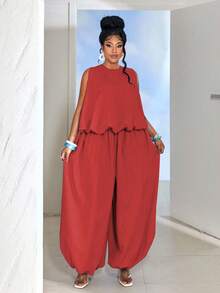 Maweii Conjunto de 2 piezas de top sin mangas y pantalones de unicolor minimalista talla grande - Rojo - Ver 3