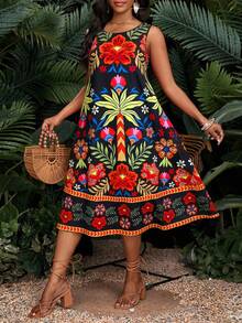 SHEIN Lady Đầm midi không tay cổ tròn in hình cây cọ dành cho nữ, kiểu dáng thường ngày. - Nhiều màu - Xem 5