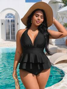 Swim Vcay Conjunto de bikini de top con cuello en V y volantes y Bottom triangular de cintura alta para mujeres de talla grande, adecuado para la playa y las vacaciones en primavera/verano 2026 - Negro - Ver 4