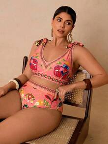 Travachic Plus Size Tropical Print Vacation Casual Beach Wear, Halter Neck Bohemian Style Printed 2-Piece Swimsuit For Women - Multicolor - View 1