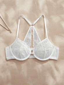 Charlaine Sujetador con aros y cierre delantero de encaje blanco con parches, que levanta y realza, con estilo romántico francés, lencería femenina elegante y refinada - Blanco - Ver 3