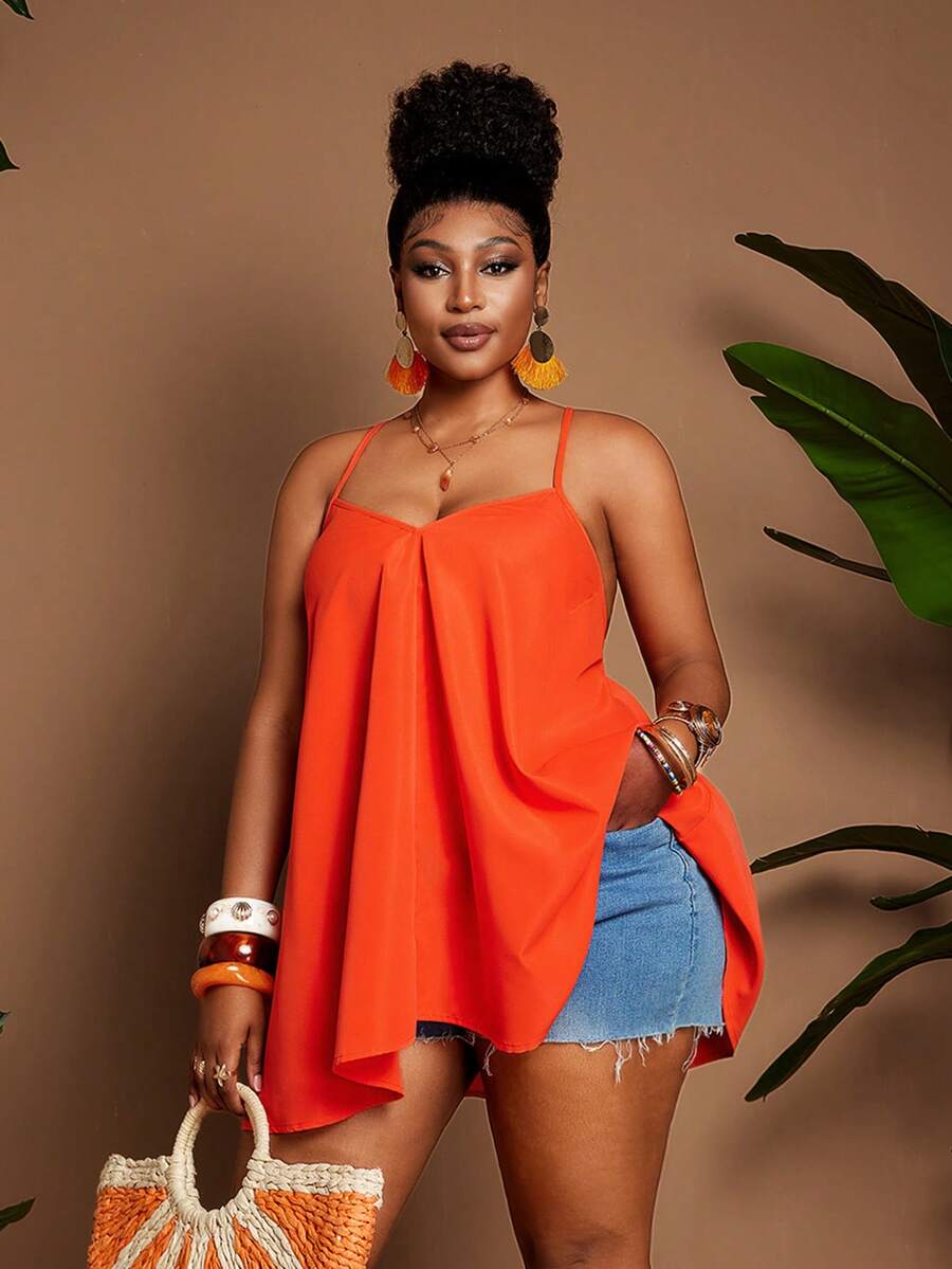 Maweii Camiseta de tirantes cruzados sexy de color naranja para mujer de talla grande, ideal para vacaciones en la playa - Naranja - Ver 1