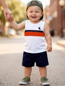 SHEIN Playful Pals 2pcs/Set Baby Boy Casual Outfit, Striped Letter Print Vest Top Paired With Navy Shorts, Suitable For Summer Outings - Multicolor - View 3