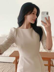 DAZY Vestido midi con cuello redondo y cintura ceñida, estilo de viaje de verano para mujer - Caqui - Ver 6