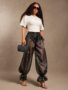 Vixey Sheer Organza High Waist Cuffed Balloon Pants, Unlined, Panty Not Included - Black - View 3