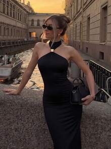 Firerie 女士优雅简约精致正式连衣裙，配金属装饰领带，适合假日、婚礼、派对、约会、生日、度假等场合。 - 黑色 - 查看 2