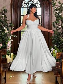 Lyrianda Vestido con cuello halter y decoración metálica para mujer de talla grande - Blanco - Ver 5