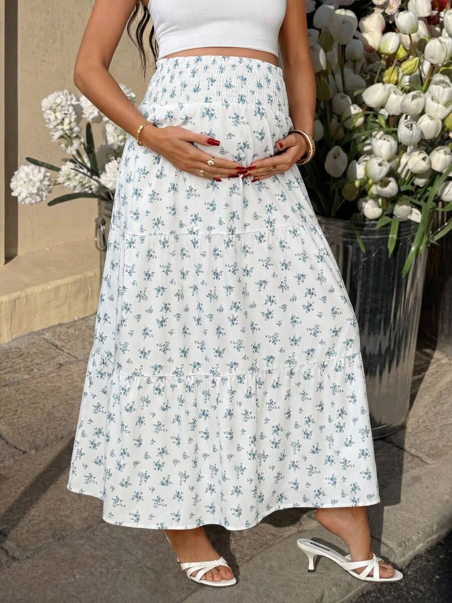 SHEIN Maternity Summer Casual Flowy White Blue Floral Midi Skirt,Holiday Baby Shower Elastic Waist Extra-Wide Gathered Long Skirts For Pregnant Women - Blue and White - View 1