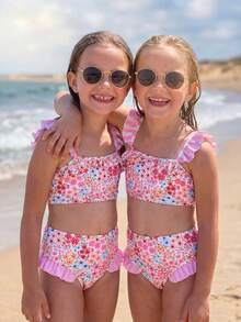 SHEIN 少女碎花荷叶边比基尼套装，沙滩/度假风 - 粉色 - 查看 3