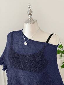 Comfortcana Suéter casual de mujer de talla grande con bajo asimétrico, versátil para uso diario - Azul Marino - Ver 6