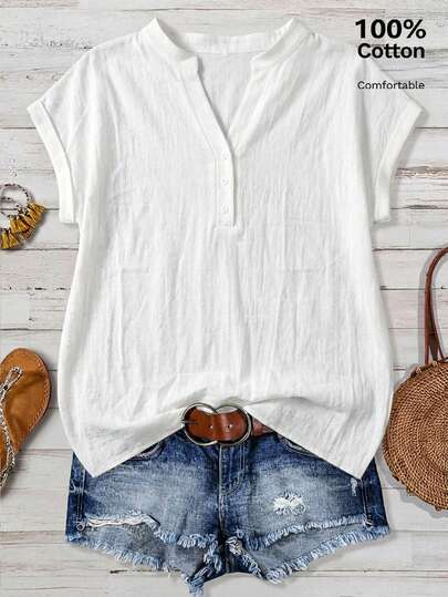 EMERY ROSE Women's Casual Short Sleeve Shirt, 100% Cotton, Suitable For Women's Vacation And Casual Wear,Summer Outfit For Women,Casual Blouse For Women,Vacation Outfits Women ,Summer Holiday Outfits,Women's Country Clothing,Country Outfits For Women,White Blouse,Summer Top