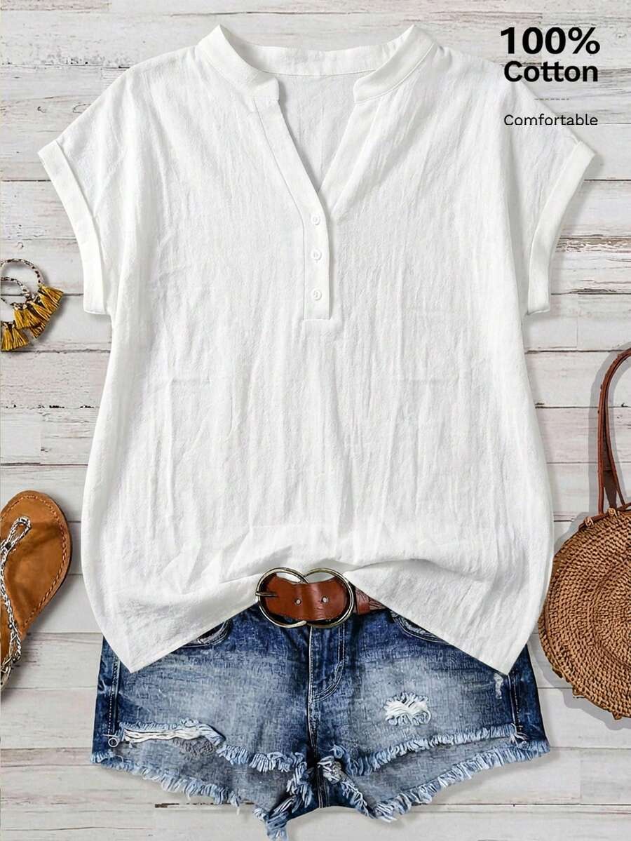 EMERY ROSE 女士休闲短袖衬衫，100%纯棉，适合女士度假和休闲穿着 - 白色 - 查看 1