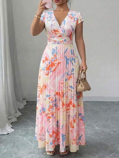 Elenzga Plus Size Women's Elegant Floral V-Neck Short Sleeve Flowing Dress, Spring/Summer Women's Dress Formal Wear Women Elegant Outfits