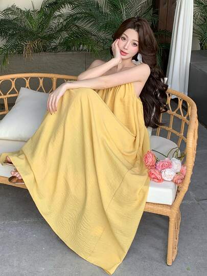 Joudiya Đầm nữ không tay phong cách boho thường ngày, màu vàng, thích hợp cho mùa xuân và mùa hè, thanh lịch cho đi biển, kỳ nghỉ và đi làm.