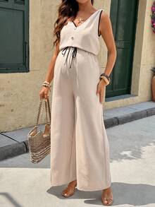 SHEIN Bộ áo liền quần bầu không tay ống rộng, thắt eo chun, buộc dây - Màu Khaki - Xem 5