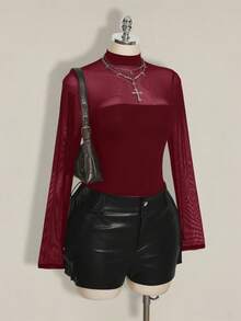 SHEIN ICON Mono de malla con parches sexy de talla grande Y2K - Burdeos - Ver 9