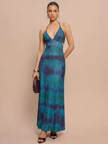 Đầm hở lưng cổ yếm in họa tiết nhuộm tie-dye thanh lịch dành cho nữ, thích hợp cho kỳ nghỉ. - Màu xanh lam - Xem 4