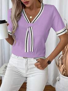 EMERY ROSE Women's Basic Short Sleeve Knit Top For Casual Everyday Wear - Lilac Purple - View 6