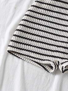 Tween Girl Striped Button Half-Placket Short Sleeve Casual Romper - Black and White - View 3