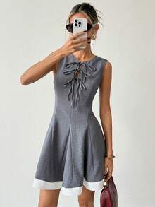 Franclia 女士优雅系腰无袖蝴蝶结连衣裙，夏季 - 灰色 - 查看 4