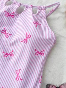 Tween Girls One-Piece Swimsuit With Cute Bow Print, Shoulder Strap, Ruffle Trim & Skirt, Suitable For Swimming, Vacation, Beach In Summer, Tween Girl Bathing Suit Sets Summer Holiday - Baby Pink - View 8