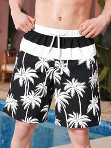 SHEIN Kids/Tween Boys' Casual Everyday Comfortable Loose Coconut Tree Print Swim Trunks - Black and White - View 6