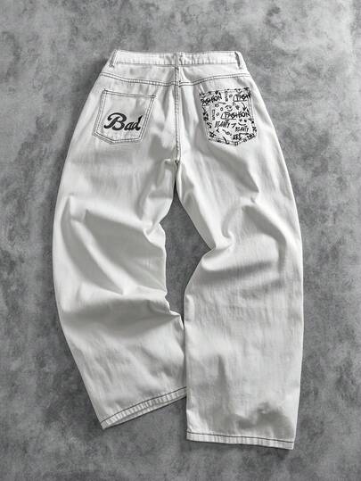 Manfinity ZONE917 Vintage Music Note & Smiling Face Letter "Bad" Graffiti Print Loose Fit Wide Leg Jeans, Casual Street Style Straight Leg Denim Pants Baggy Jeans Y2k Men Harajuku Pants Spring To Summer