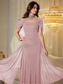 Modelyn Vestido largo ajustado con mangas de chal sin tirantes de malla elegante y hilo brillante para mujeres, /otoño - Rosa Pálido - Ver 6