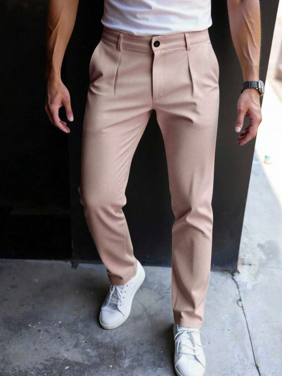 Manfinity Bizformal 男士休闲纯色修身通勤裤 - 粉色 - 查看 1