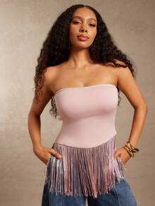 Vixey Top tubo sin tirantes con dobladillo con flecos de jersey cepillado - Rosa Pálido - Ver 1