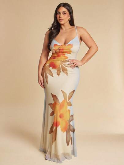 SHEIN BAE Plus Size Women's Long Dress For Spring/Summer Vacation, Tight Scoop Neck Dress, Beach Party Dress In White, Apricot, Orange