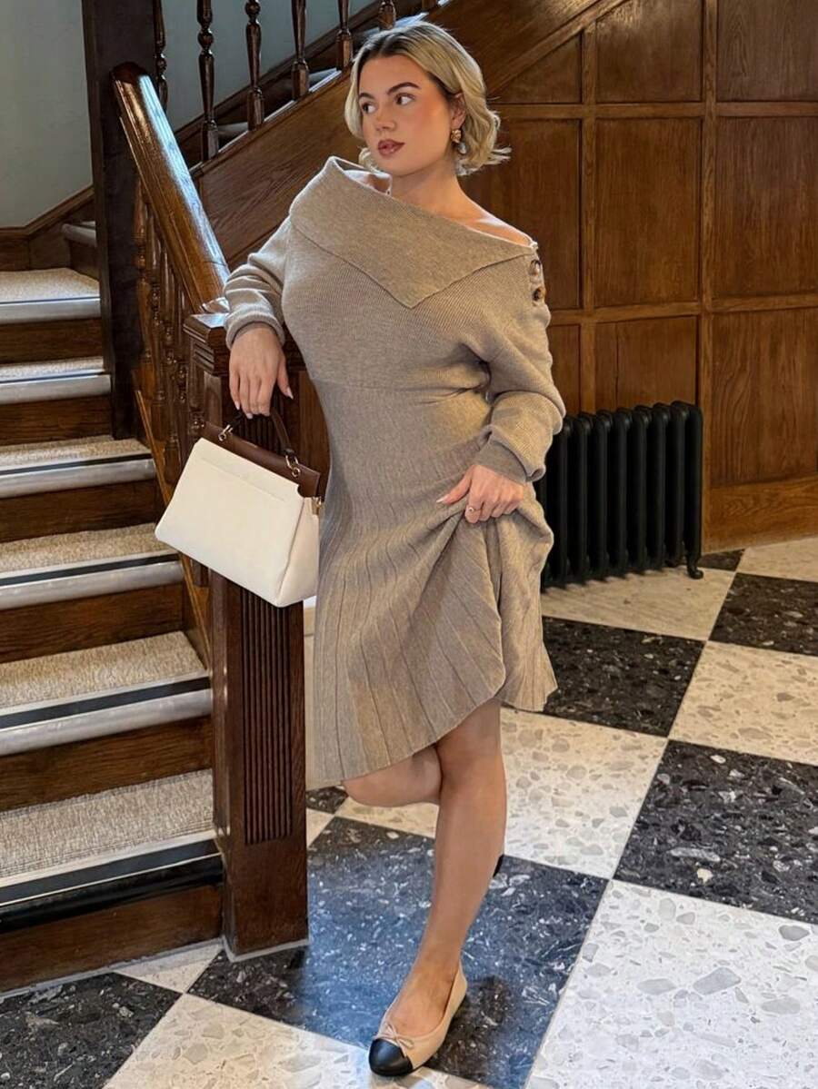 Bethéva 女士休闲斜肩褶皱毛衣裙 - 灰色 - 查看 1