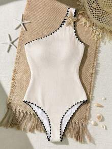 SHEIN Áo tắm liền thân cho thiếu nữ, màu trắng viền vỏ sò, họa tiết sao biển bằng kim loại màu tương phản. - màu đen - Xem 2