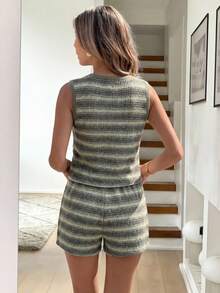 Easowa Bộ đồ nữ hai mảnh không tay cổ chữ V thắt nơ kẻ sọc, kiểu dáng thường ngày, thích hợp cho mùa hè. - Nhiều màu - Xem 2