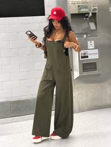 SHEIN HypeZone 女士无袖连体工装裤，夏季街头风 - 軍綠色 - 查看 6