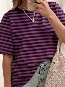 EMERY ROSE 条纹圆领休闲短袖T恤，大码女式T恤，夏季 - 彩色 - 查看 3