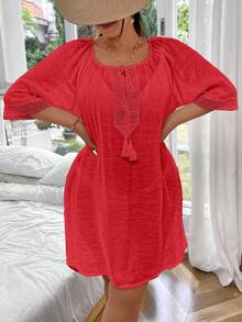 Swim Lushoire Vestido de playa holgado y cómodo con cordón para mujer de talla grande y unicolor - Rojo - Ver 3