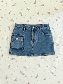 Elamini Y2K Fashion Casual Retro Sexy Cargo Pocket Low-Waist Denim Mini Skirt - Medium Wash - View 1