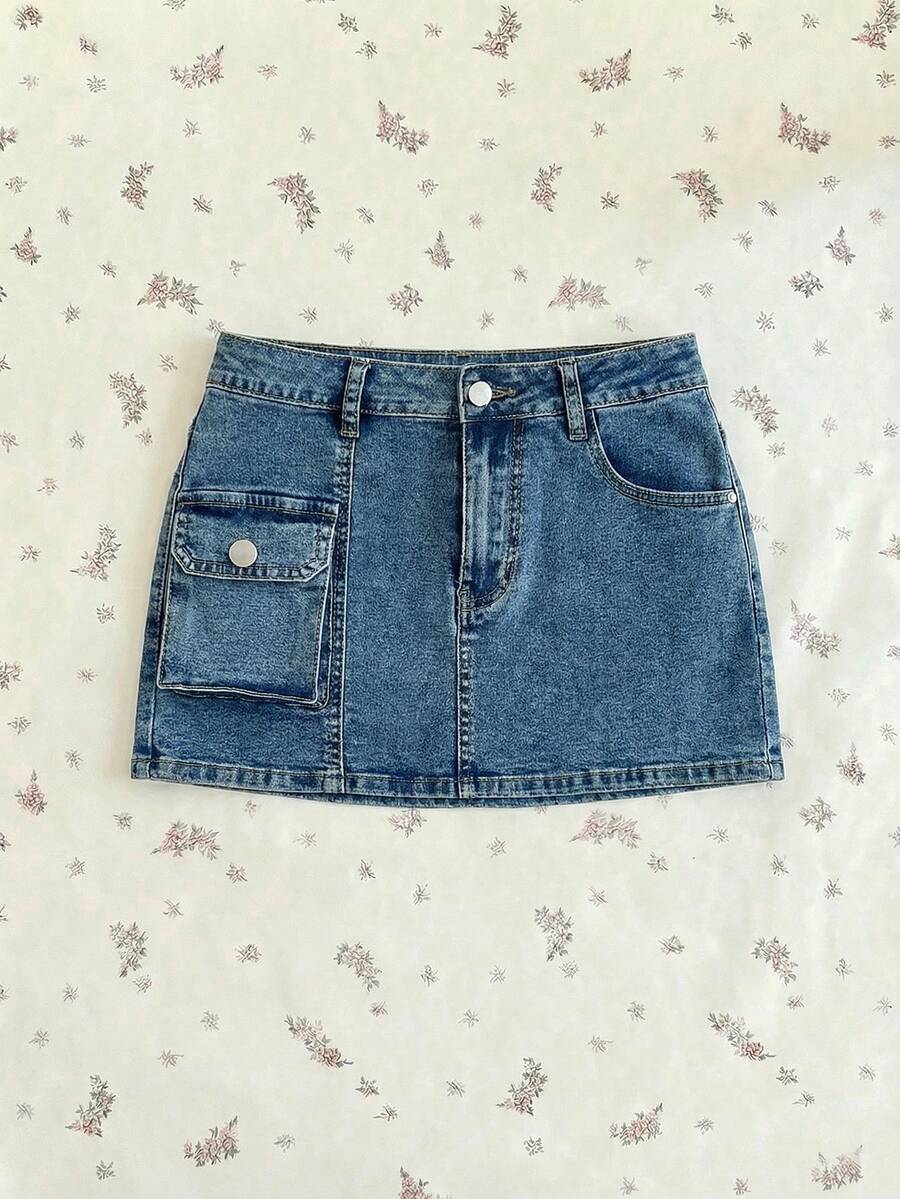 Elamini Y2K Fashion Casual Retro Sexy Cargo Pocket Low-Waist Denim Mini Skirt - Medium Wash - View 1