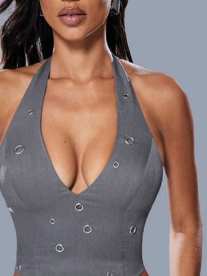 Denimoi Sexy Metal Grommet Ring Decor Deep V Backless Halter Top