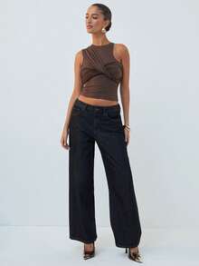 Hauture Women's Elegant Shades Of Brown Summer One Shoulder Ruched Front Twist Cropped Knit Top,Old Money Aesthetic High Neckline Bar Party Date Night Top - Brown - View 5