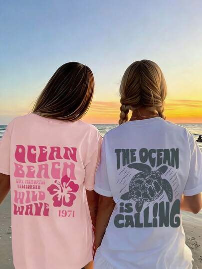 少女沙滩风印花短袖两件套，休闲舒适，适合春夏穿着，时尚百搭，适合户外活动、野餐、街头摄影、度假、节日，也是馈赠佳品。