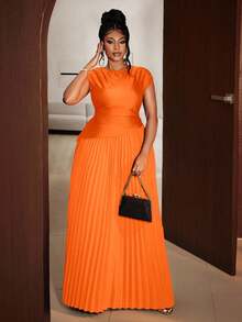 Plus Size Women Elegant Solid Color Pleated Round Neck Sleeveless Dress - Orange - View 5